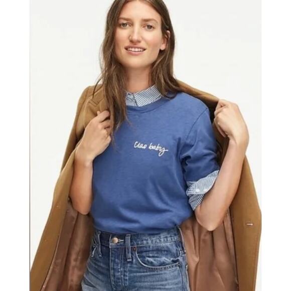 2/$30 J. Crew "Ciao Baby" Short Sleeve Cotton T-Shirt Blue AG839 Size M - Picture 1 of 13